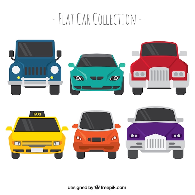 Frontal view of six different vehicles in flat design