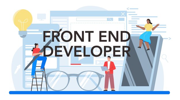 Frontend developer typographic header Website interface design improvement Web page programming coding and testing IT profession Isolated flat vector illustration