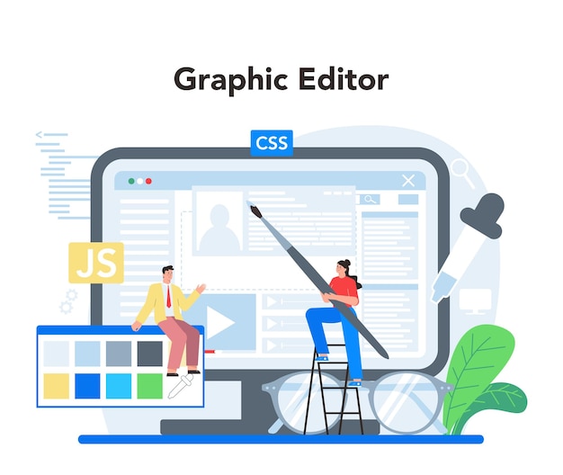 Free vector frontend development online service or platform website interface design improvement web page programming coding and testing graphic editor isolated flat vector illustration