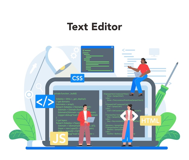 Frontend development online service or platform Website interface design improvement Web page programming coding and testing Online text editor Isolated flat vector illustration