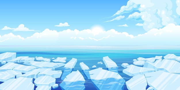雲と太陽の光のベクトル図を背景に海で溶ける氷の凍った北極のひびの入った氷の組成の塊