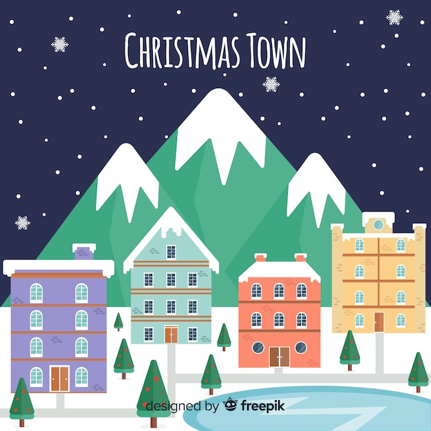 Free vector frozen lake town christmas background