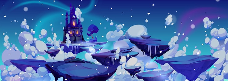 Free Vector frozen magic princess castle with snow in winter cartoon background beautiful fantasy ice palace for cloudy fairytale night landscape enchanted floating rock island path in sky air with white clouds