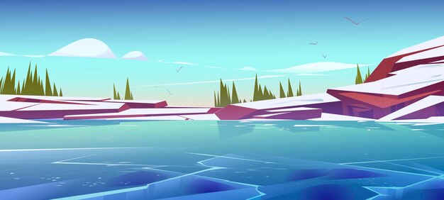 Frozen pond or lake scenery nature landscape. Winter view with rocks, fir-trees and gulls in blue sky. Water surface covered with slippery ice tranquil panoramic background Cartoon vector illustration