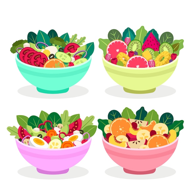 Бесплатное векторное изображение Ассорти из фруктов и салатников