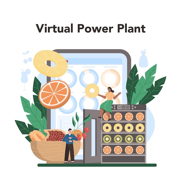 Fruit farming industry online service or platform Idea of agriculture and cultivation Dried fruits juice and preserved food production VPP virtual power plant Flat vector illustration