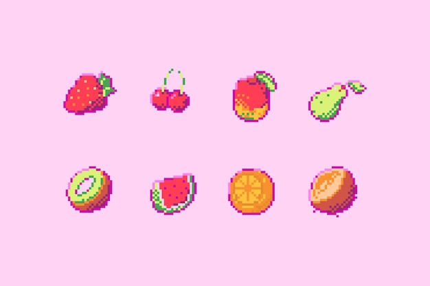 Free vector fruit icons in pixel art