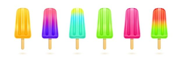 Fruit popsicle colorful ice creams on wooden stick set