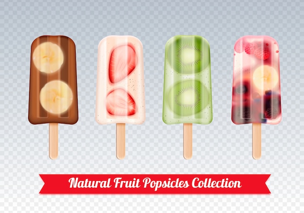 Бесплатное векторное изображение Фруктовое мороженое фруктовое мороженое реалистичный набор замороженных фруктовых мороженого палку кондитерских изображений на прозрачном