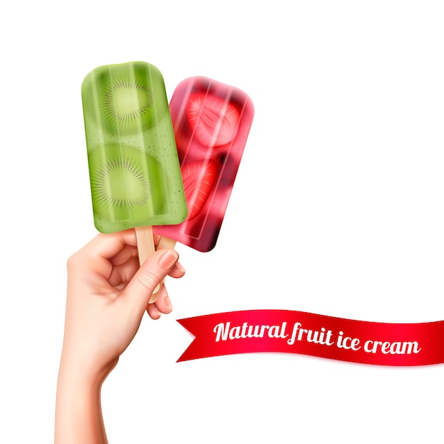 Free vector fruit popsicles ice cream in realistic with editable text on ribbon and human hand