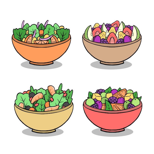 Fruit and salad bowls hand drawn style