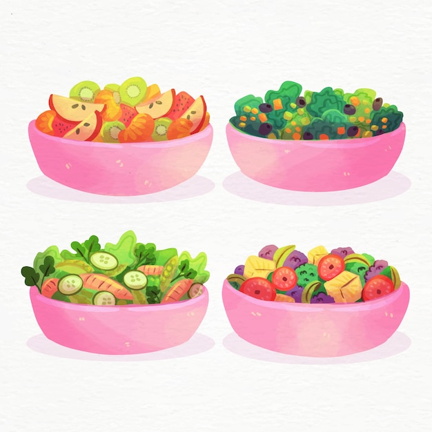 Fruit and salad bowls watercolor design