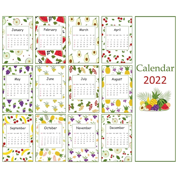 Summer Calendar 2022 Premium Vector | Fruit Summer Calendar For 2022 From Fruit Patterns For  Vegans, Color Vector Illustration.