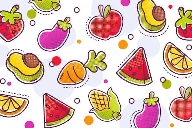 Fruit and vegetables background with colourful halftone