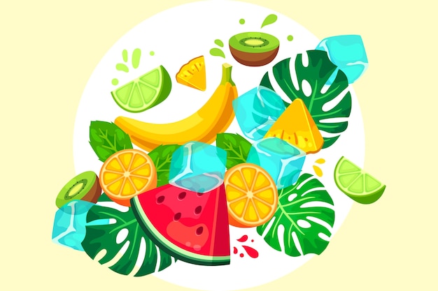 Fruit and vegetables background with leaves