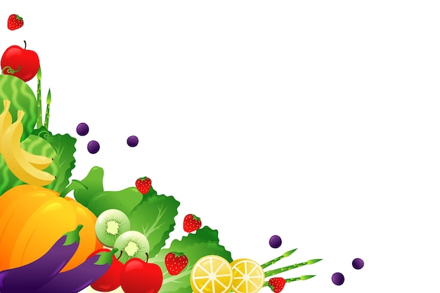Fruit and veggies on white copy space background