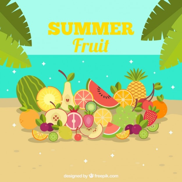 Free vector fruits on the beach summer background