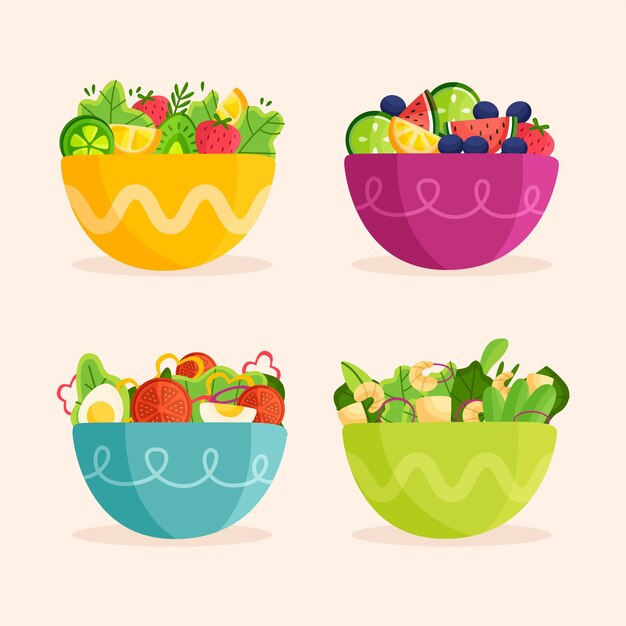 Fruits and salad bowls