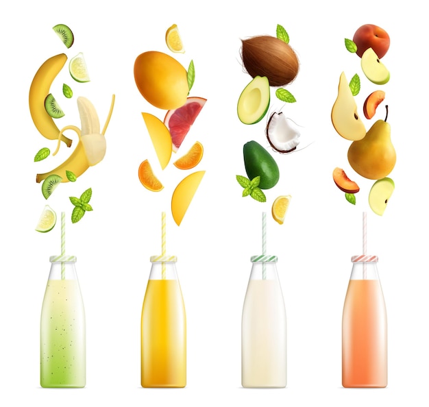 Бесплатное векторное изображение Фруктовые смузи набор фруктовых коктейлей реалистично с красочными бутылками и ломтиками на бланке изолированы