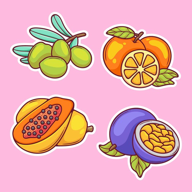 Fruits Sticker Icons Hand Drawn Coloring Vector