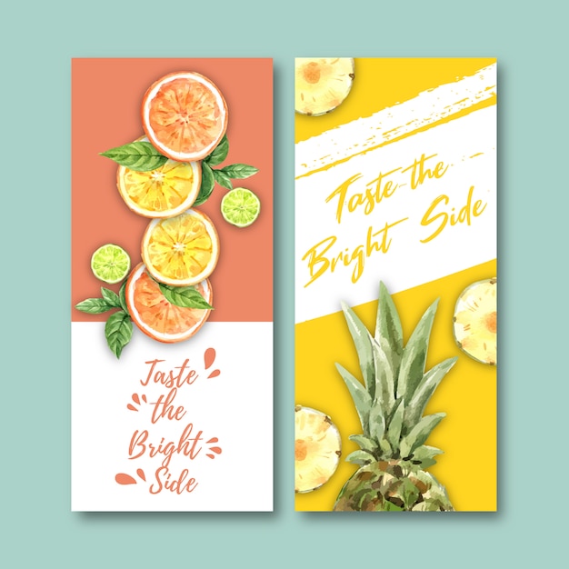 Free vector fruits-themed flyer. orange, lime and pineapple for decoration.