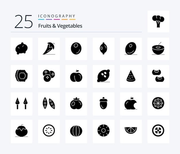 Фрукты Овощи 25 наборов значков Solid Glyph, включая фрукты, овощи, оливковое, оливковое, лимонное