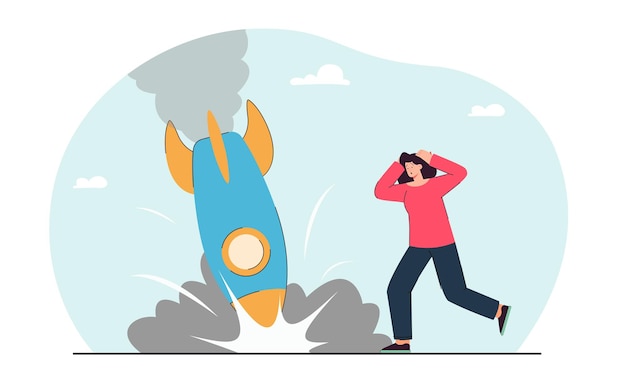 Frustrated businesswoman and falling rocket. Business or company failure scene flat vector illustration. Crisis, bankruptcy, startup, risk concept for banner, website design or landing web page