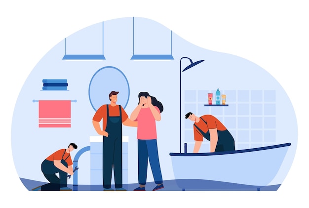 Frustrated female person and team of plumbers in bathroom. Maintenance workers helping woman with plumbing flat vector illustration. Repair service concept for banner, website design or landing page
