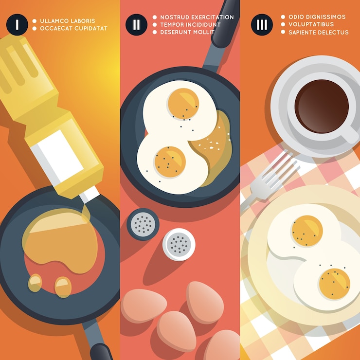 Free Vector frying scrambled eggs cooking instruction. yolk and pan, oil and coffee cup, breakfast gourmet.
