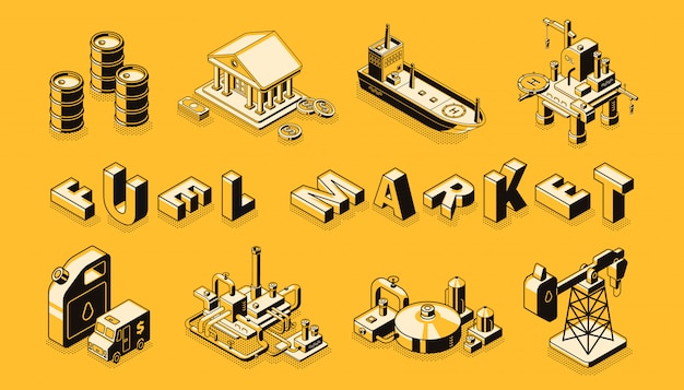 Fuel market isometric vector banner. Petroleum and gasoline transportation technologies