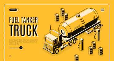 Free vector fuel transportation web banner with tanker truck carrying gasoline to gas station