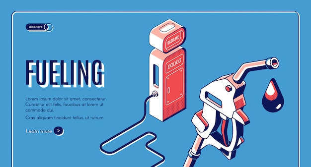 Fueling, gas, gasoline, diesel station isometric web banner.