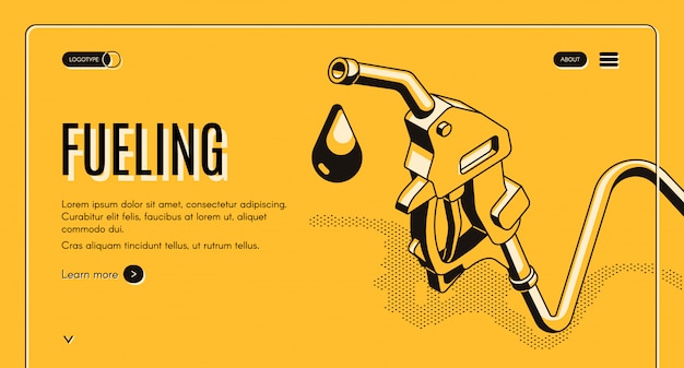 Fueling gasoline or diesel isometric web banner. Fuel nozzle on hose and droplet of gas