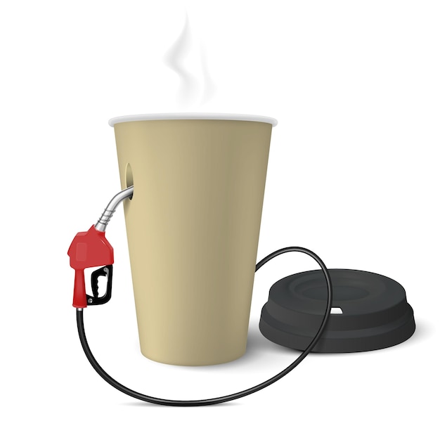 Free vector fueling realistic design concept with fuel gas handle pump nozzle  inserted in paper cup of hot coffee vector illustration