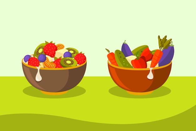 Fuits and salad bowls collection concept