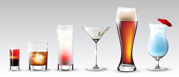 Free vector full glasses set of different shapes with alcohol drinks beverages and cocktails isolated