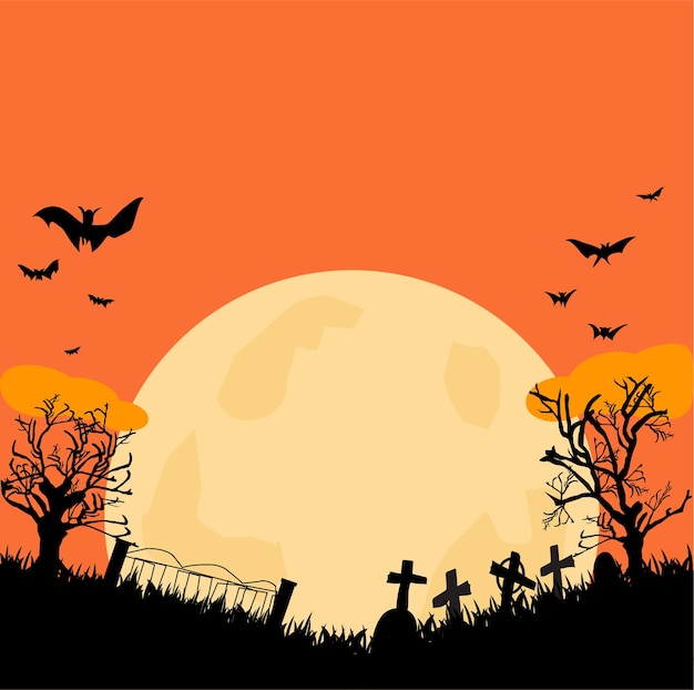 Фон полной луны на кладбище, кладбище, надгробие, дерево с привидениями и летучая мышь в оранжевой ночи хэллоуина