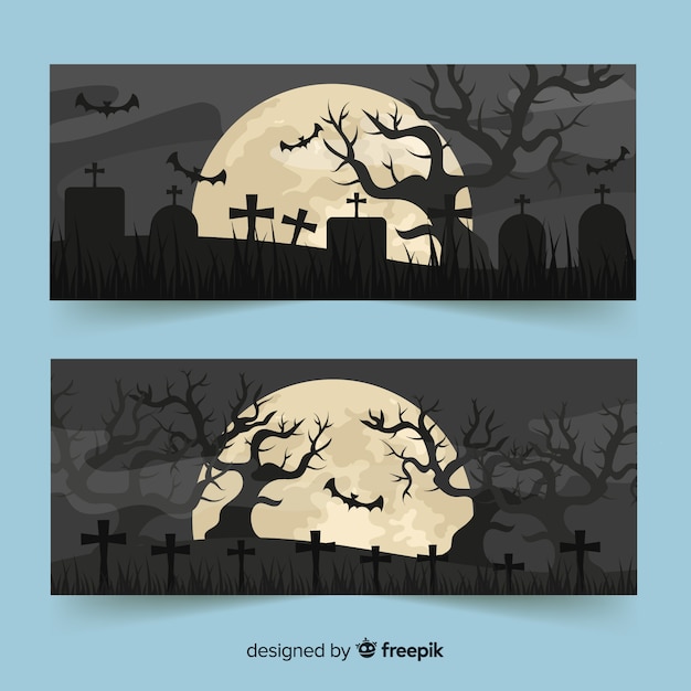 Vettore gratuito banner di luna piena e cimitero per halloween