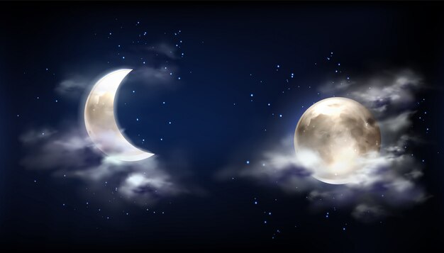 Full moon and crescent in night sky with clouds