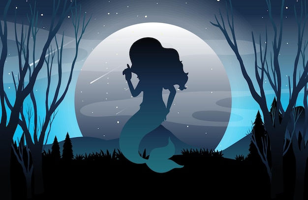 Full moon forest background with mermiad silhouette