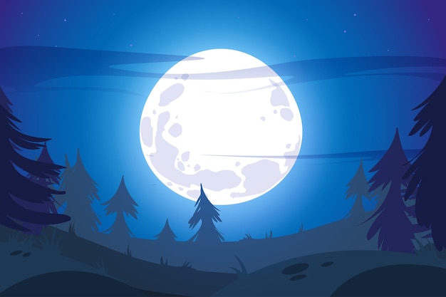 Free vector full moon in night sky and dark forest landscape