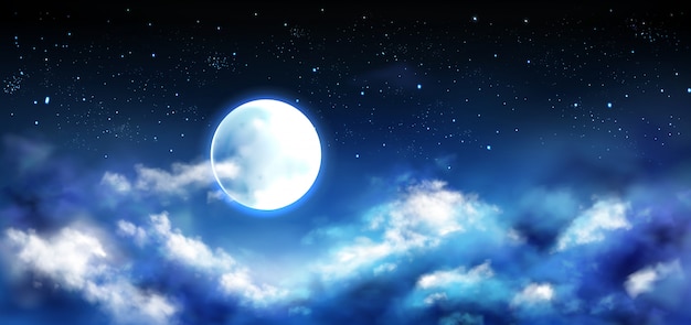 Free vector full moon in night sky with stars and clouds scene