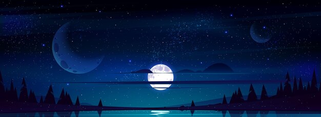 별빛을 반영하는 나무와 연못 위의 별과 구름이있는 밤하늘에 보름달