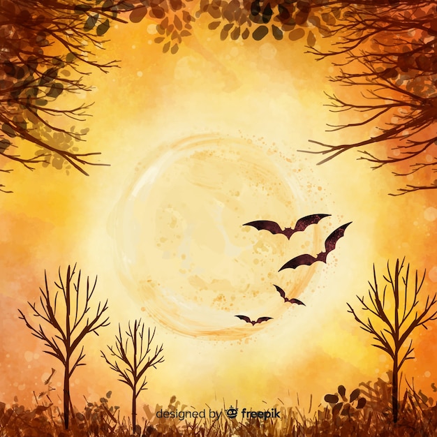 Free vector full moon orange watercolor halloween background