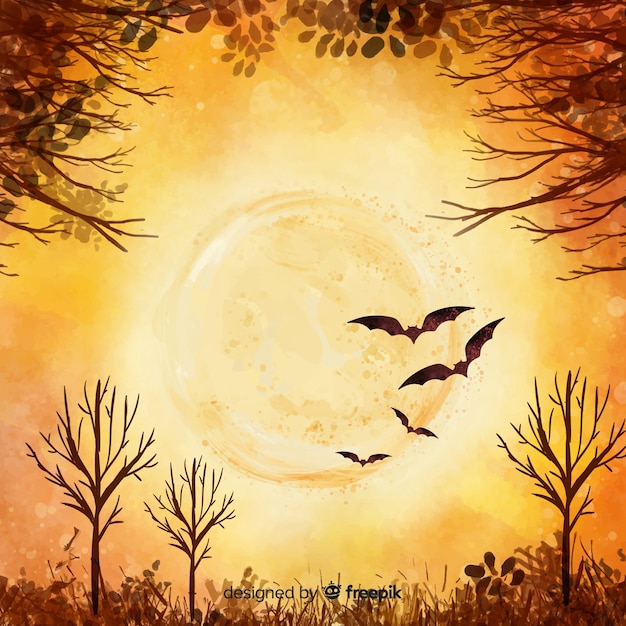 Full moon orange watercolor halloween background