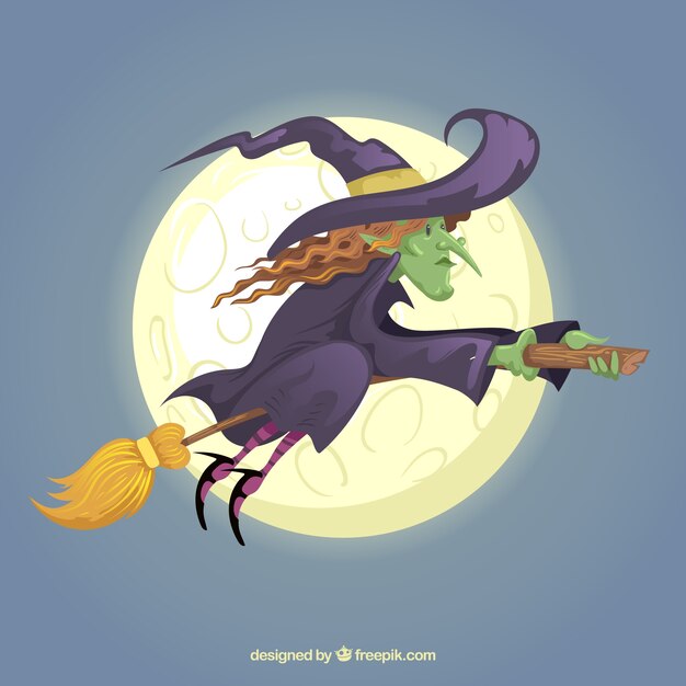 Full moon and witch flying on broom