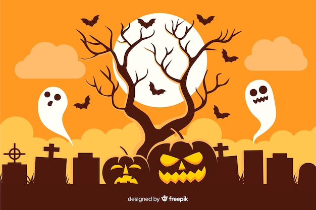 Free vector full moon with pumpkin and ghosts background