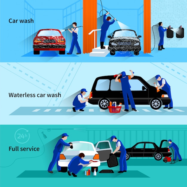  Full service car wash with attendants team cleaning vehicle 3 flat banners abstract vector isolated