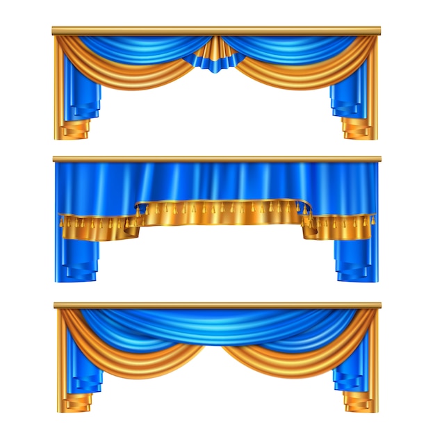 Free vector full volume golden blue luxury draping curtains set 3 realistic home window decorations ideas isolated  illustration