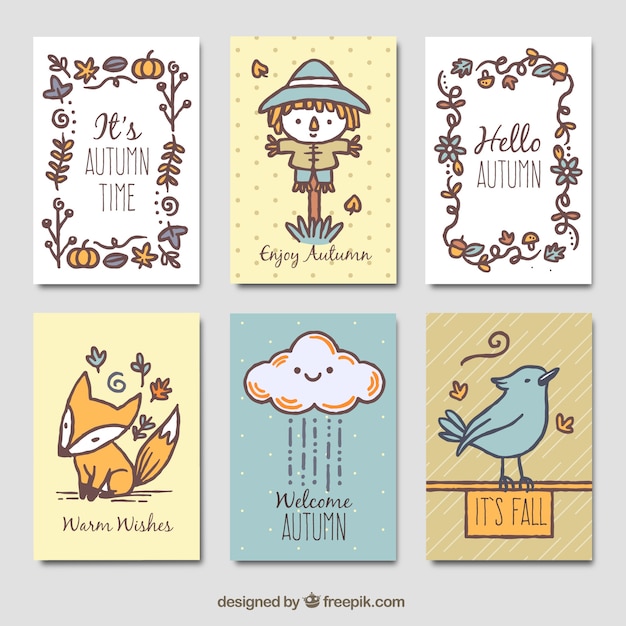 Free vector fun autumn cards with hand drawn style